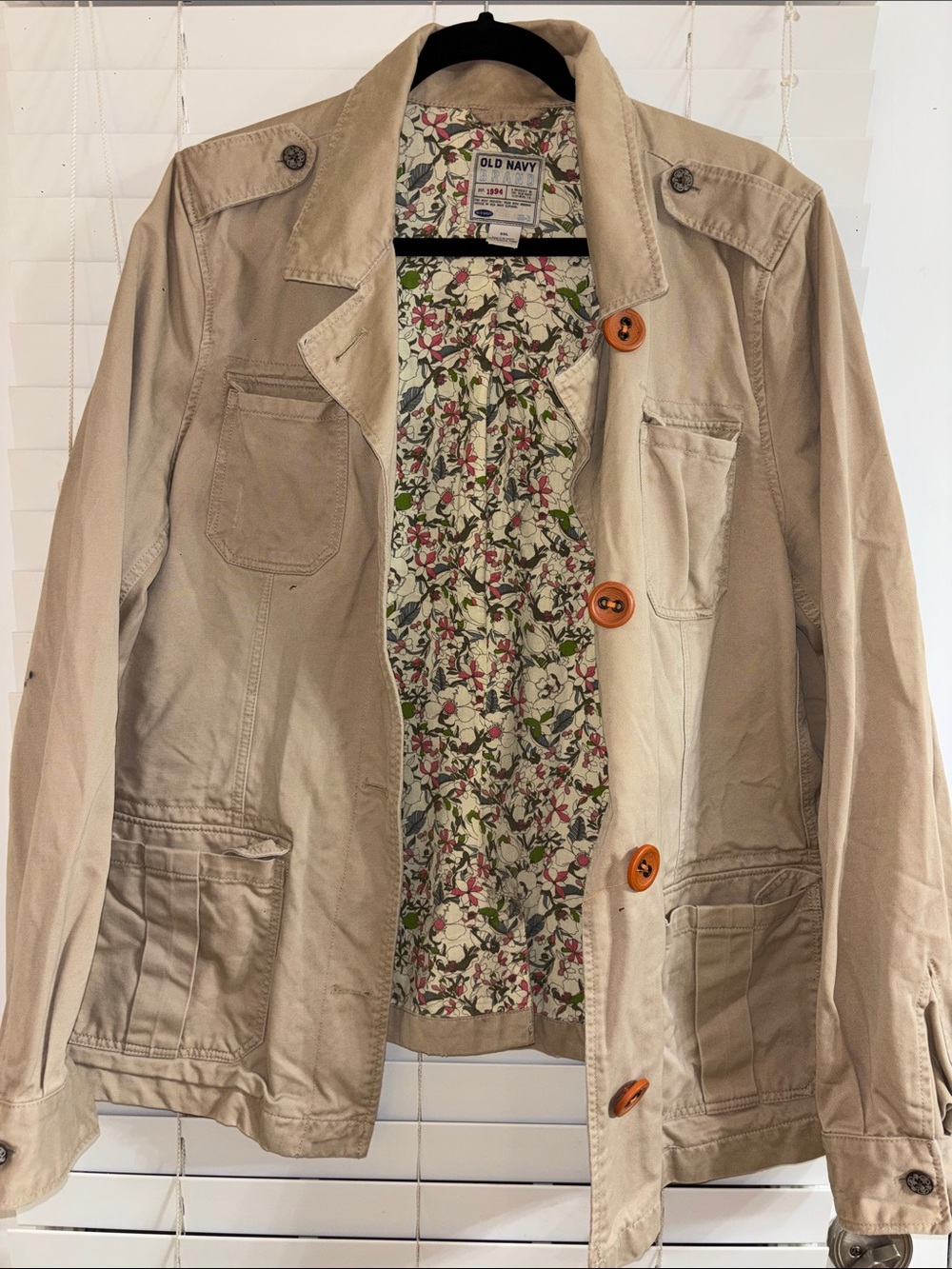 Old Navy Beige Military-Style Field Jacket with Floral Lining and Wooden Buttons